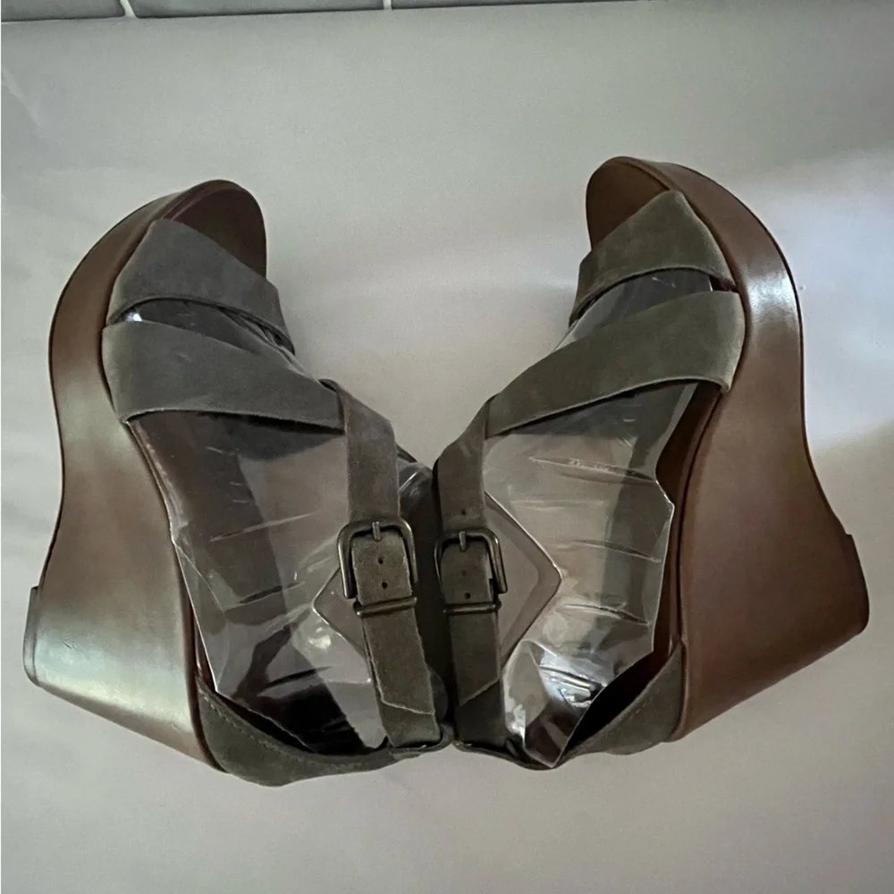 NIB J. Crew Marguerite Suede and Leather Wedge Platform Sandals Olive Boho 7M